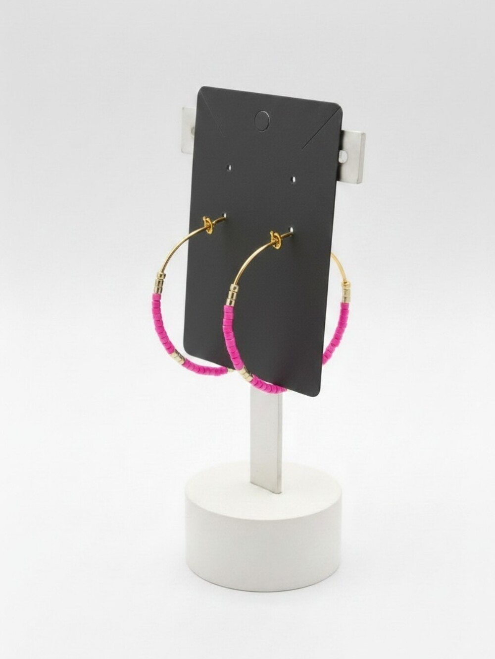 Gold Hoop Earrings with Hot Pink Beaded Accents
